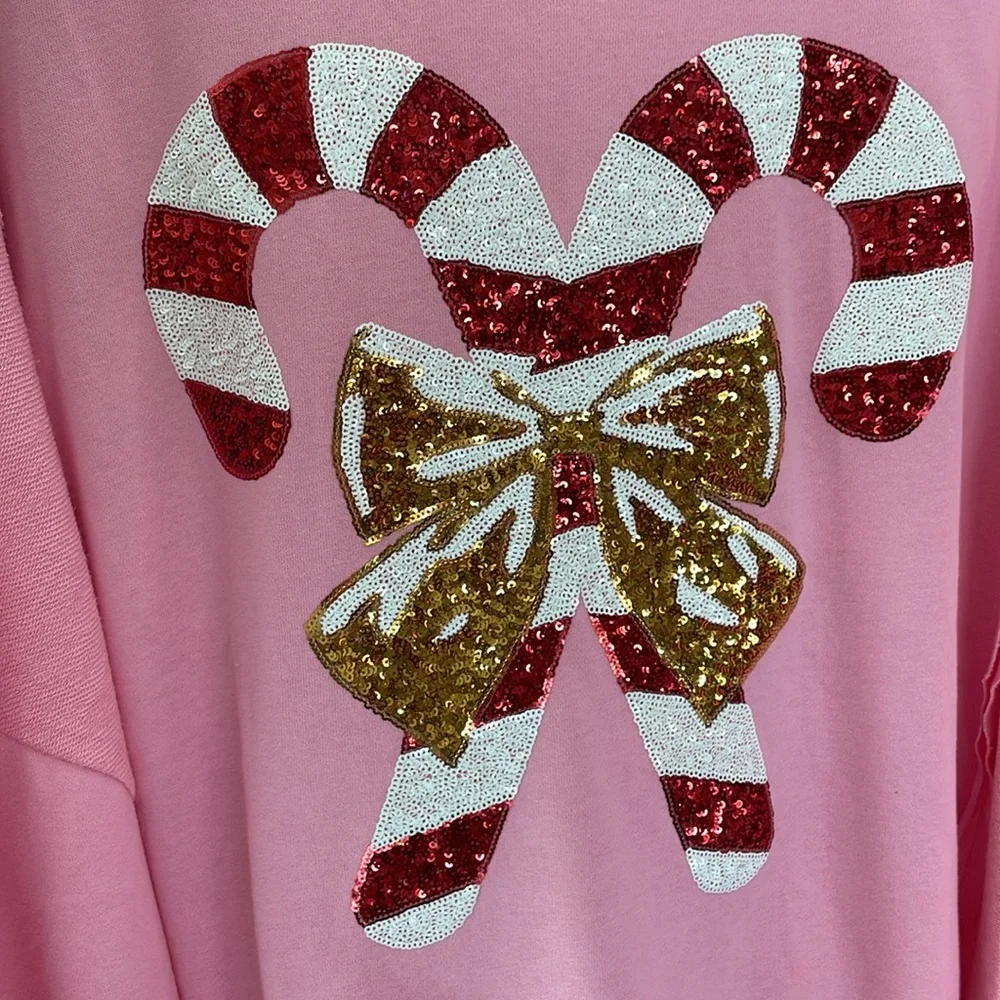Fantastic Fawn Pink Candy Cane Sequin Sweatshirt. M NWOT - Picture 7 of 8